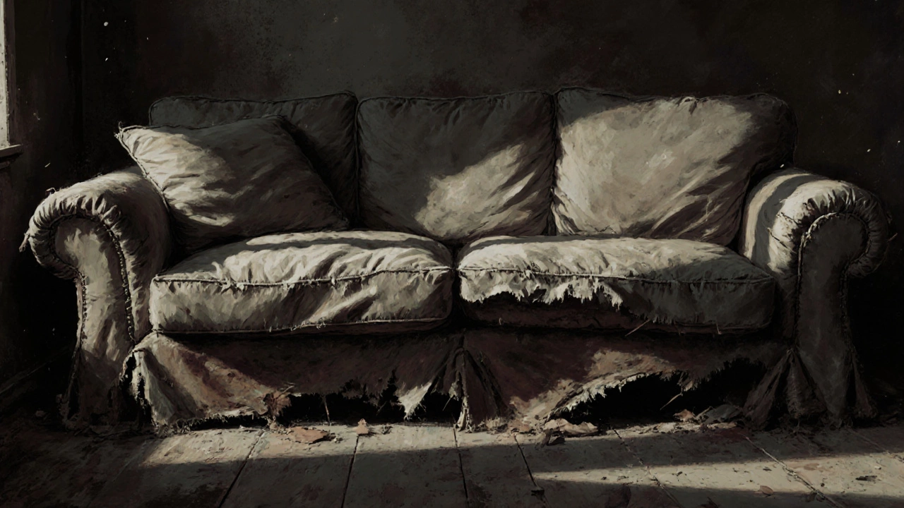 A worn-out couch with sagging cushions, frayed fabric, and exposed frame, conveying years of neglect.