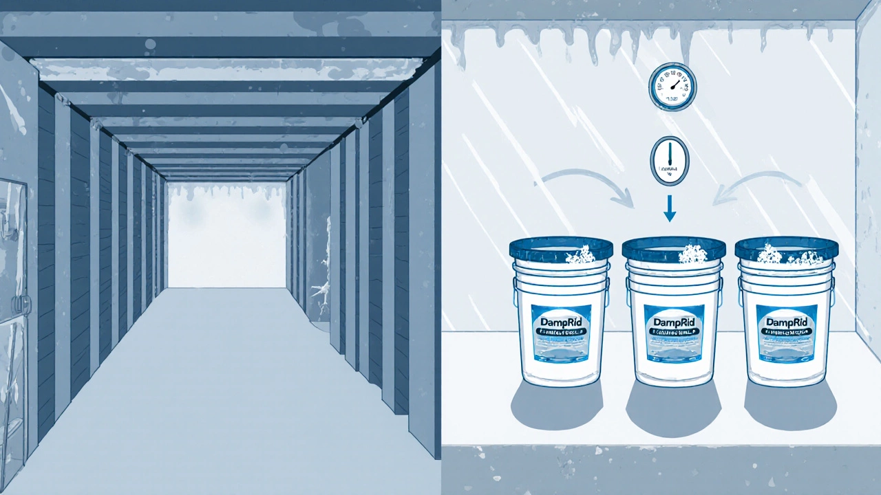 Before-and-after view of a storage unit showing three DampRid buckets reducing humidity from 70% to 55%.