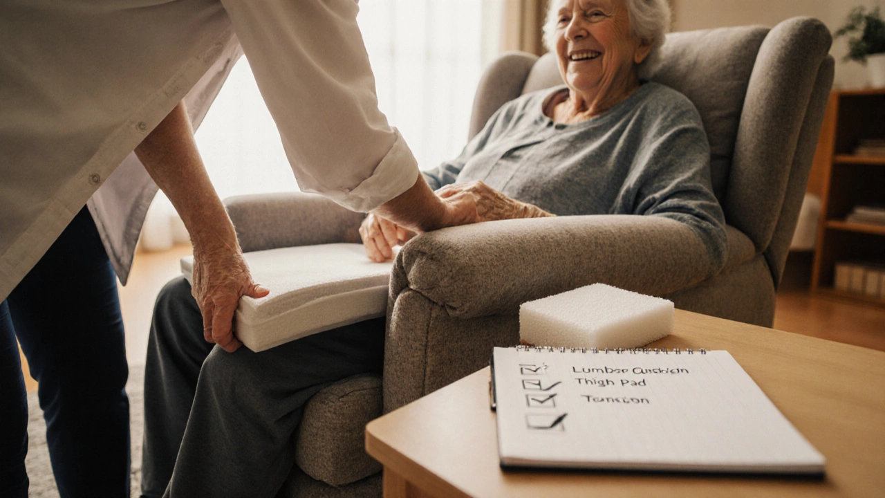Caregiver adjusting non-slip mat under recliner cushion while elderly person smiles nearby.