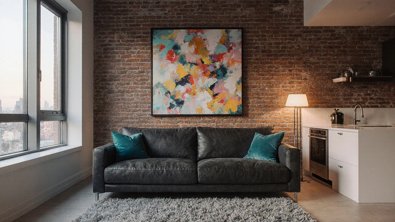 Charcoal leather couch with teal pillows in a condo with brick wall, shag rug, and colorful artwork.