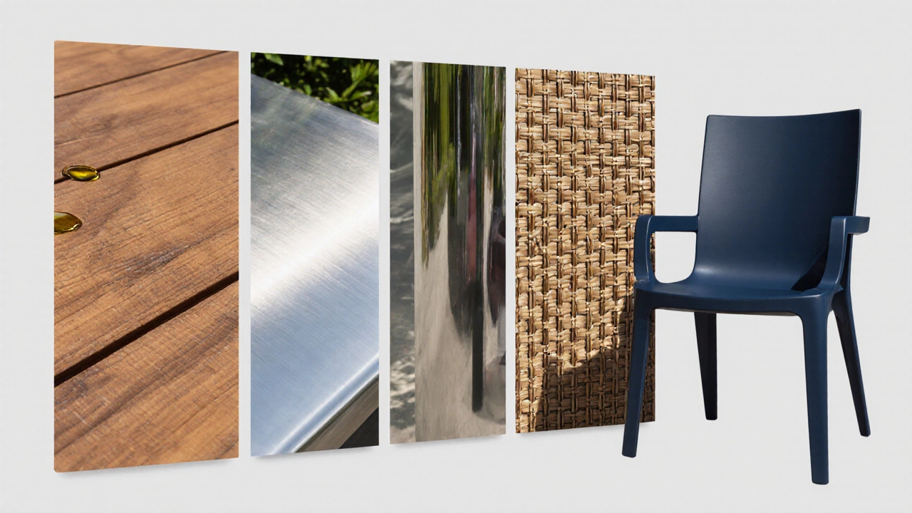 Close‑up of five outdoor furniture materials: teak grain, anodized aluminum, polished stainless steel, woven synthetic rattan, and HDPE plastic.