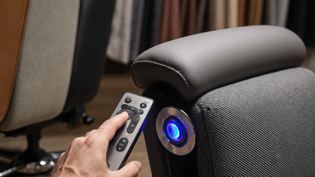 Close-up of recliner remote, lift button, headrest, and swivel base with fabric samples.