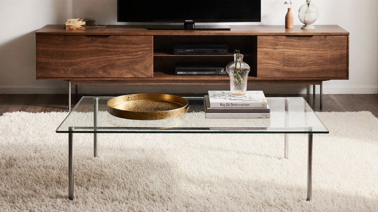 Cohesive room with walnut TV stand, glass coffee table, and rug tying the elements together.
