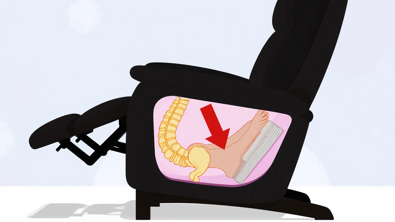Cross-section diagram of a recliner showing proper spinal alignment with supportive cushions.