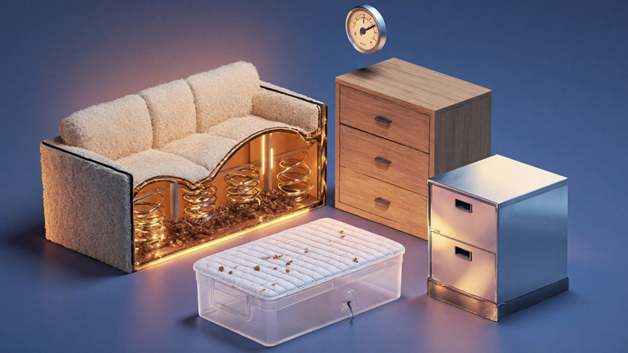 Cut‑away illustration of various furniture pieces with bed bugs inside each.