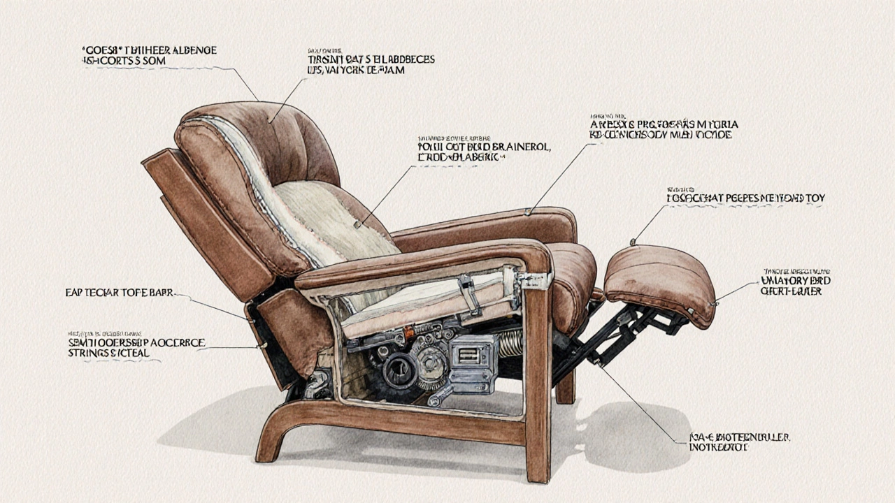 Cutaway view showing layers and dual‑motor mechanism of a Lazy Boy recliner.