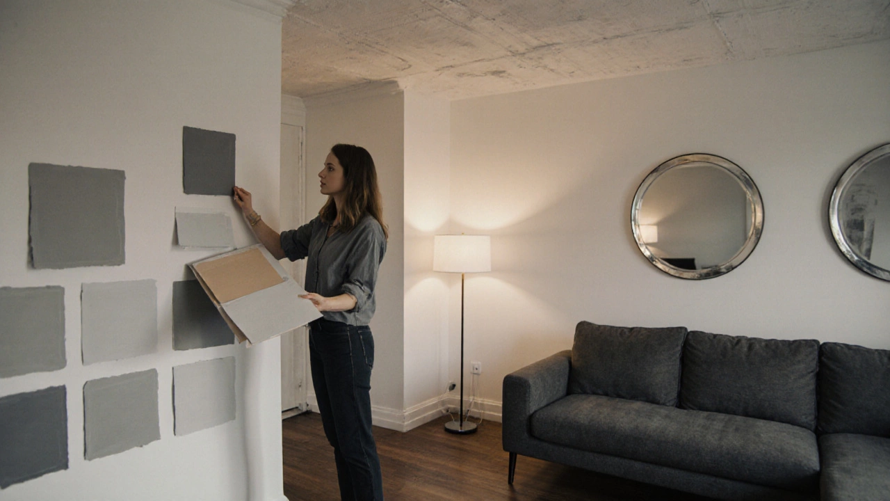 Designer testing gray paint samples on walls and cardboard in a room with light gray ceiling.