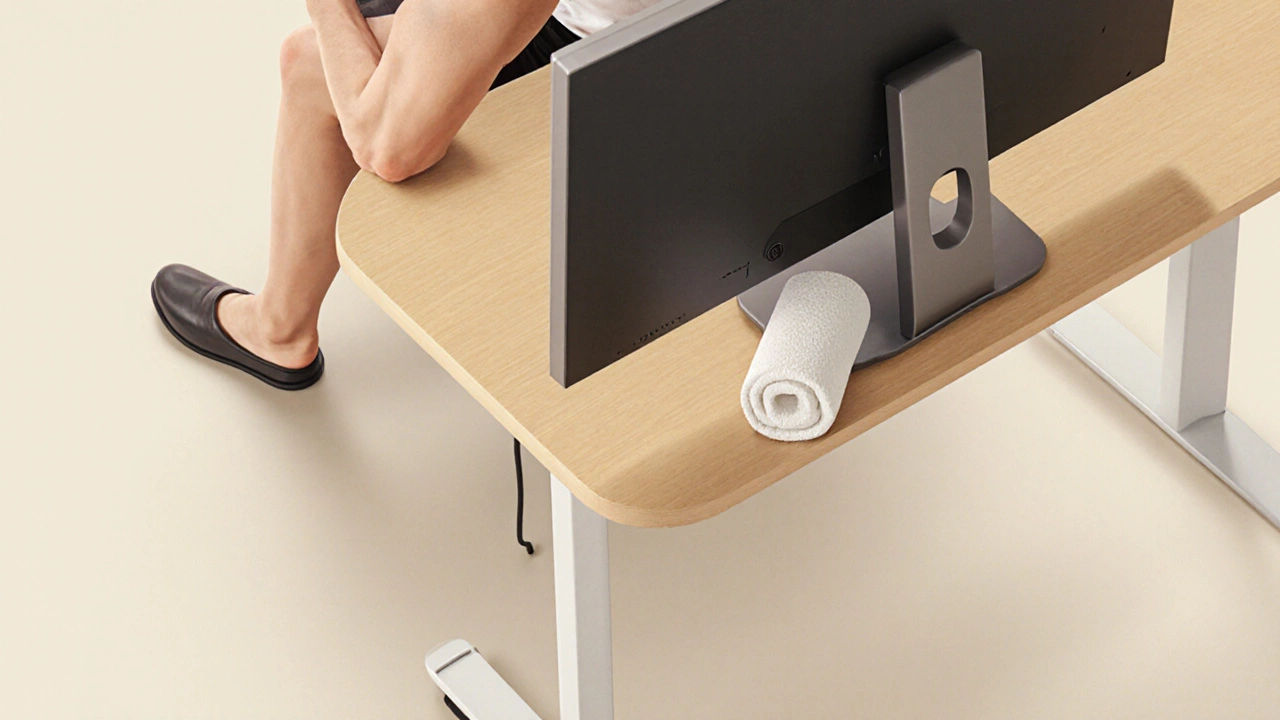 Ergonomic desk setup showing correct foot, hip, lumbar, and monitor alignment.