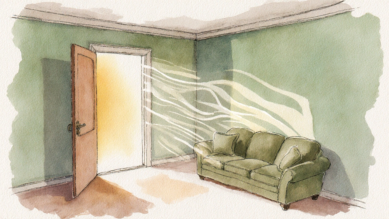 Feng Shui inspired illustration of a sofa angled with energy flow from the door.
