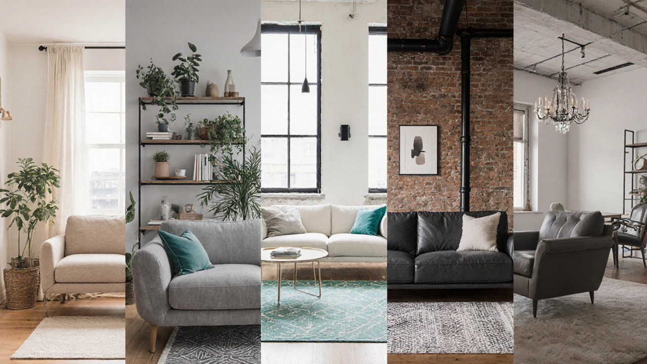Five panels showing beige, gray, white, ivory, and charcoal sofas each in a matching interior style.