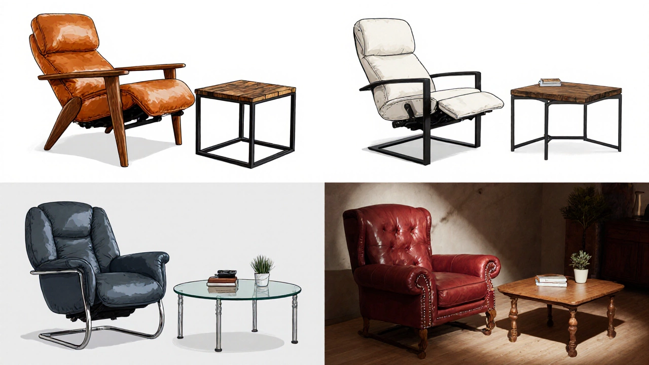 Four style pairings: mid‑century, industrial, contemporary, and traditional recliners each matched with a suited coffee table.