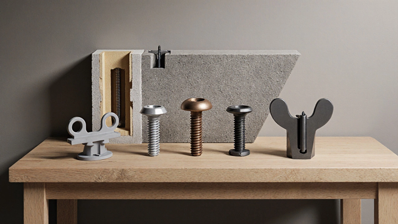 Four types of bookcase anchors displayed on a workbench with a wall cross‑section showing each installed.