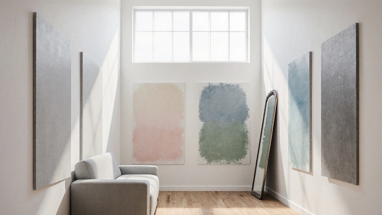 Four wall sections painted in light, warm, cool, and neutral gray shades side by side.