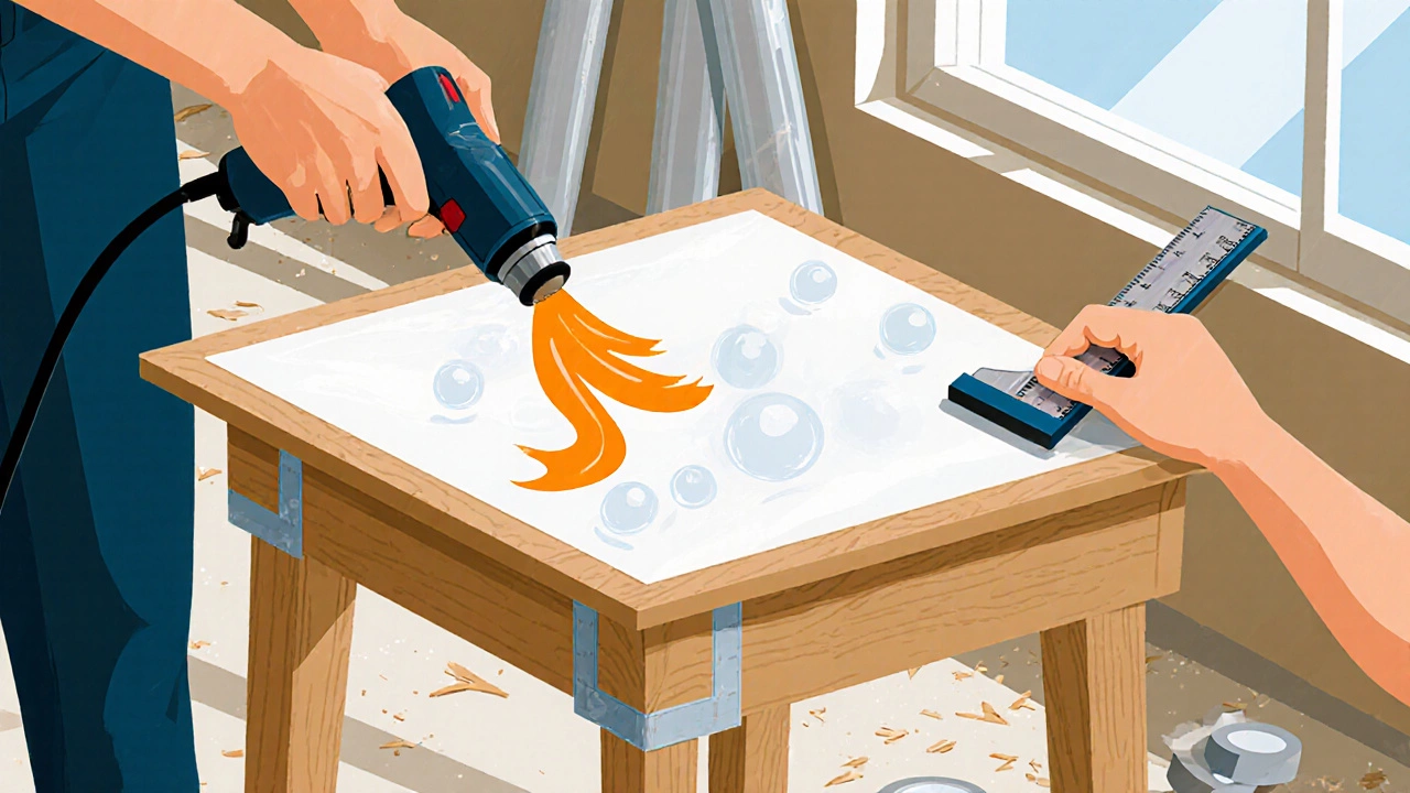 Hands using heat gun and squeegee to apply vinyl on a wooden table.