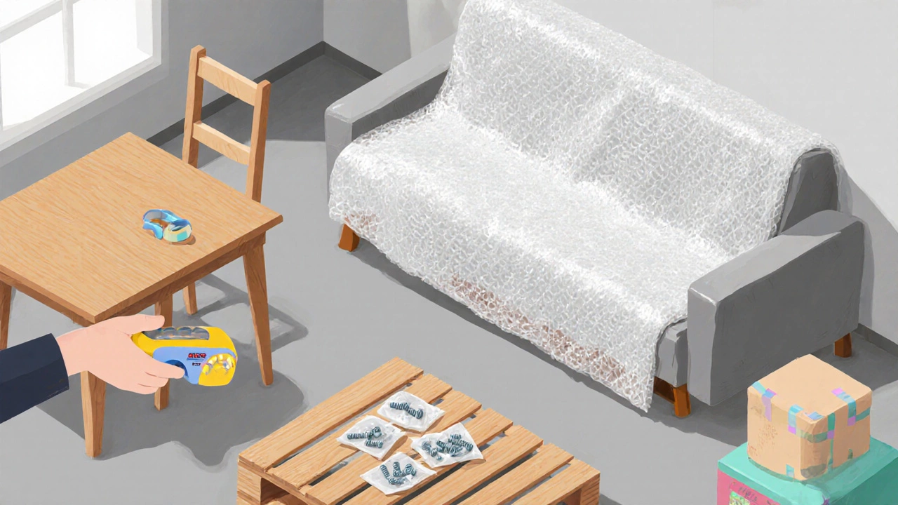Hands wrapping and disassembling living‑room furniture for storage.