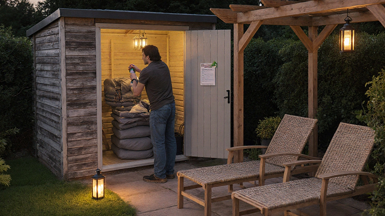 Homeowner caring for aluminum, synthetic rattan, and teak furniture in a garden at dusk.