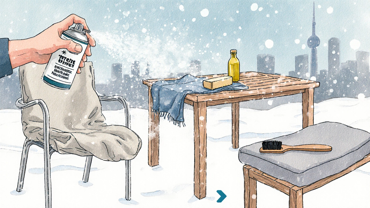 Illustration of maintenance steps—UV spray, cover, cleaning, teak oil, cushion rotation—against a snowy backdrop.
