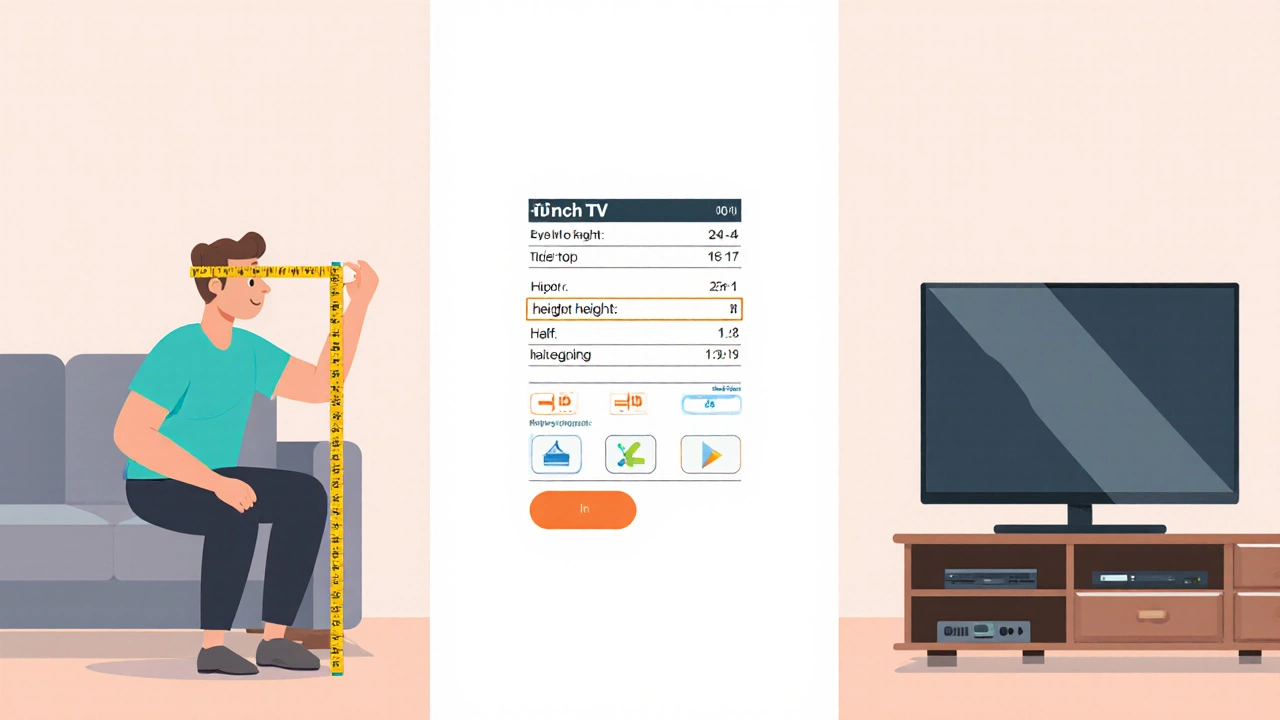 Illustration of measuring eye level, TV specs, and a stand sized for a 70‑inch TV.
