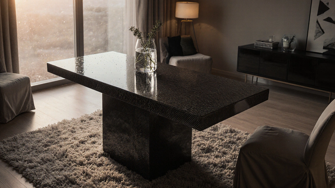 Living room featuring a carbon‑fiber wrapped dining table and cozy décor.