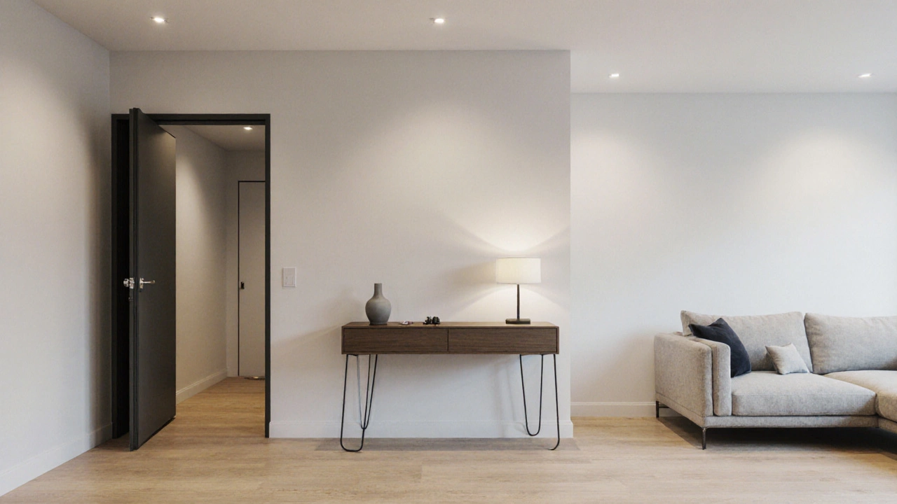 Living room with a console table separating the door from a pulled‑back sofa.