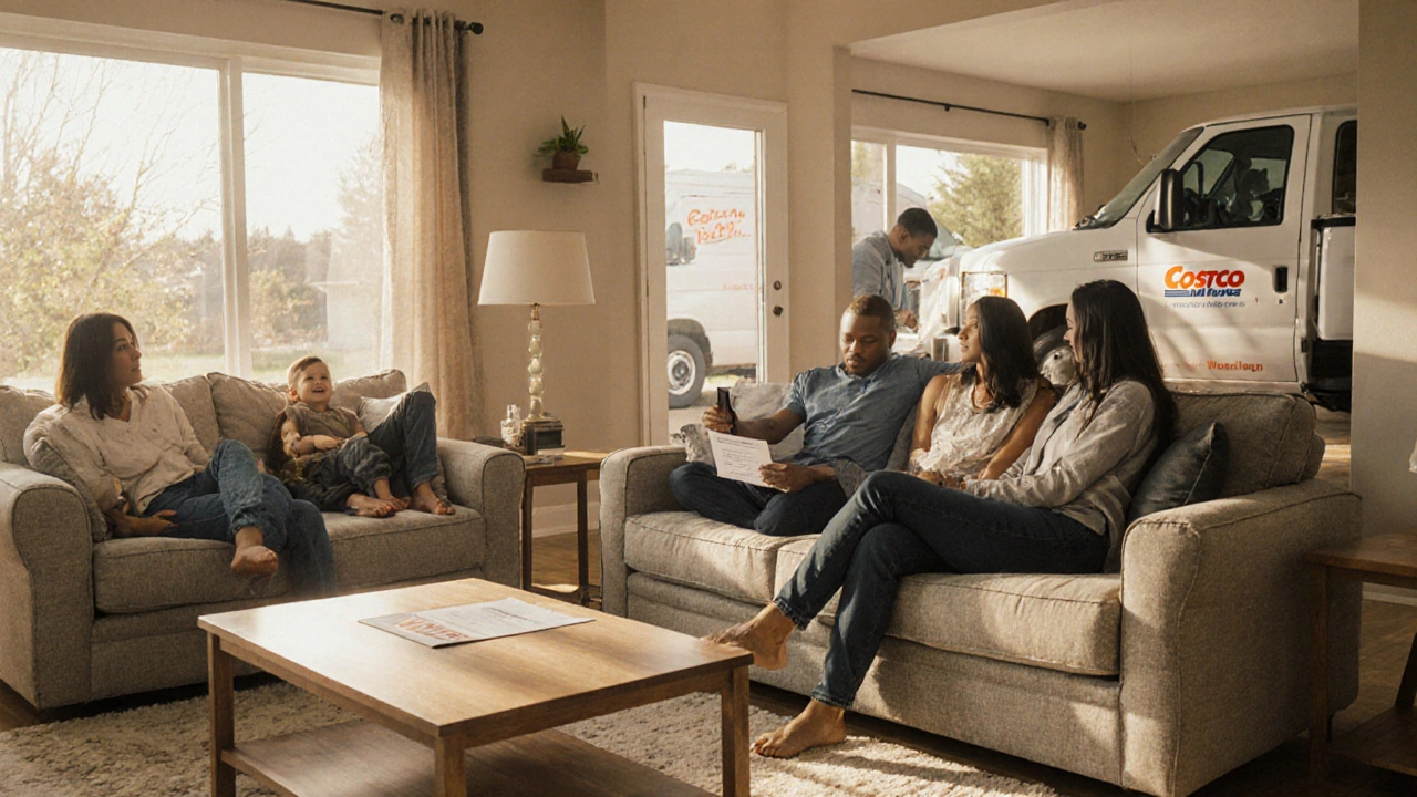 Living room with Kirkland furniture, sunlight, and a Costco delivery truck nearby.