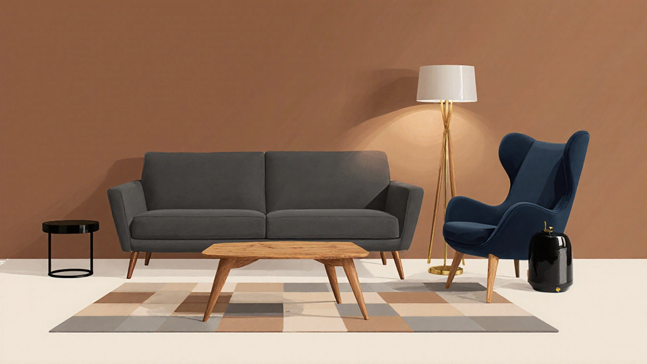 Mid‑century modern room showing charcoal sofa, navy armchair, wooden coffee table and brass accents.