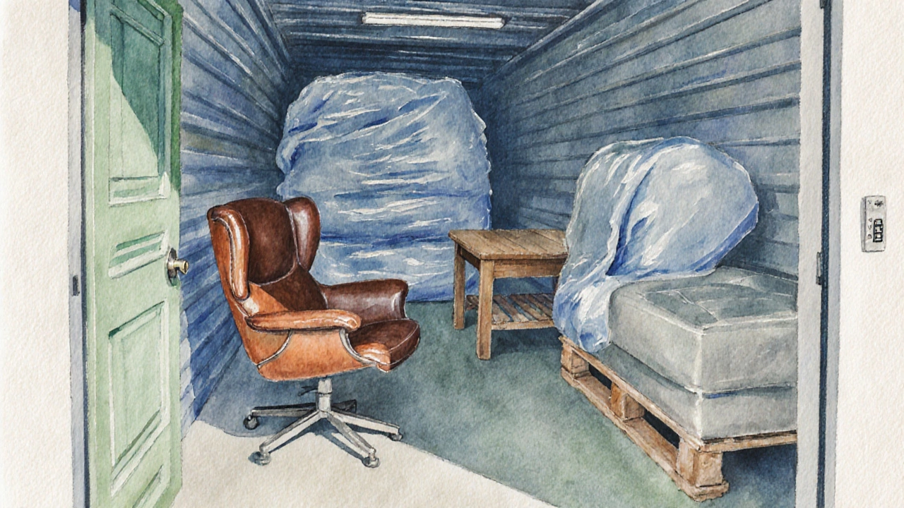Neatly organized climate‑controlled storage unit with wrapped furniture.