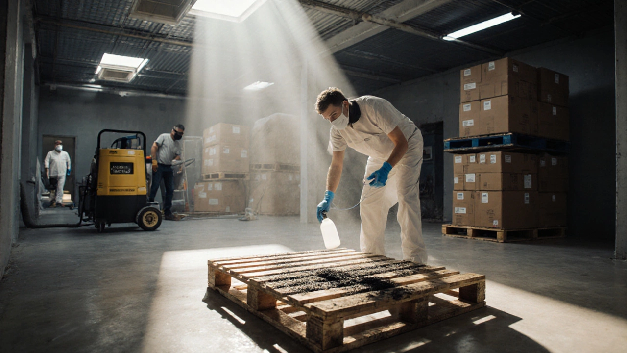 Person in gloves cleaning mold with bleach while a remediation crew watches.