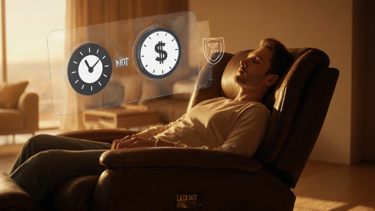 Person relaxing in a Lazy Boy with floating cost and warranty icons.