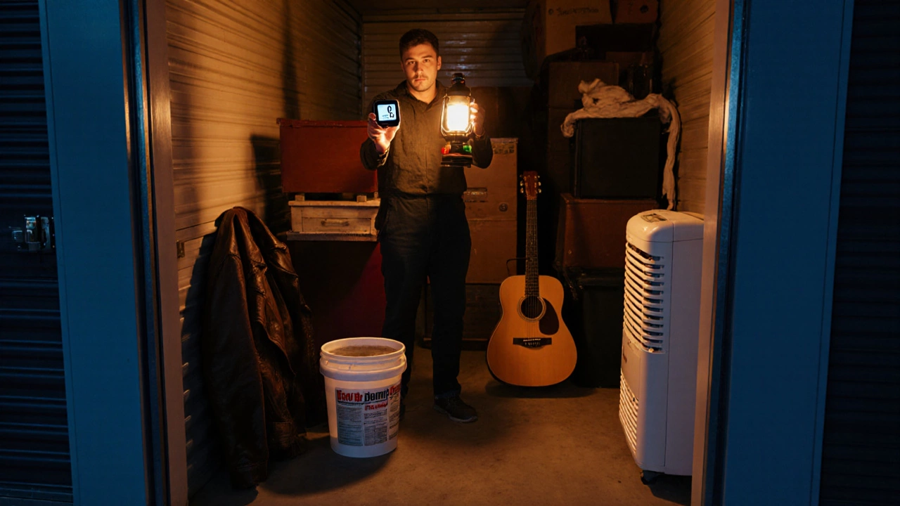 Renter checking a hygrometer in a dim storage unit beside DampRid buckets and a dehumidifier.