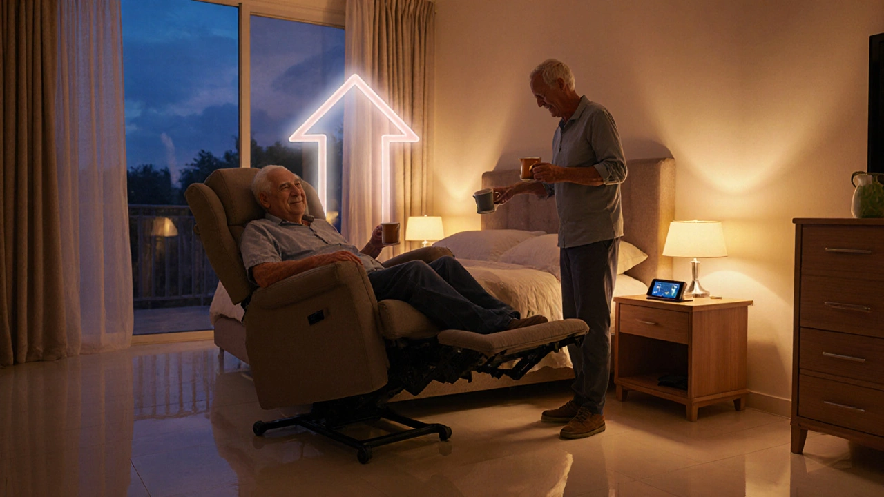 Senior man standing by a partially reclined chair, showing lift motion and USB port.
