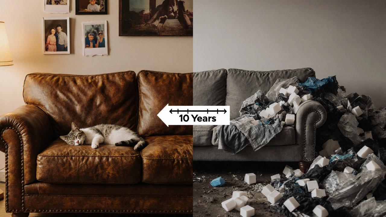 Split image: a well-maintained leather couch on one side, a landfill-bound couch on the other, symbolizing lifespan choices.