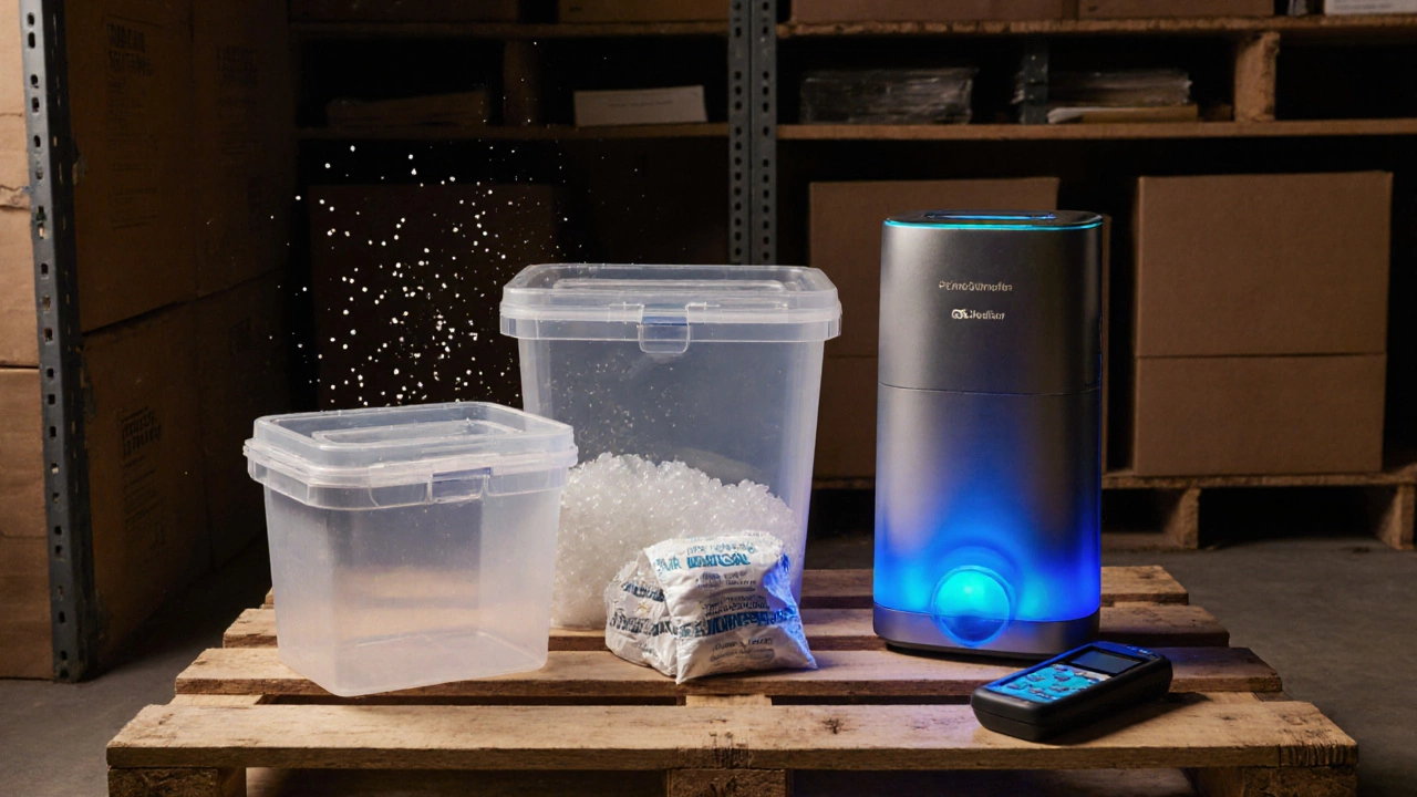 Still‑life of plastic bins, silica gel, dehumidifier, and moisture meter on a pallet.