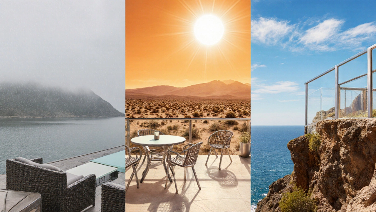 Three climate zones with matching materials: lake humidity, desert heat, and coastal salt exposure.