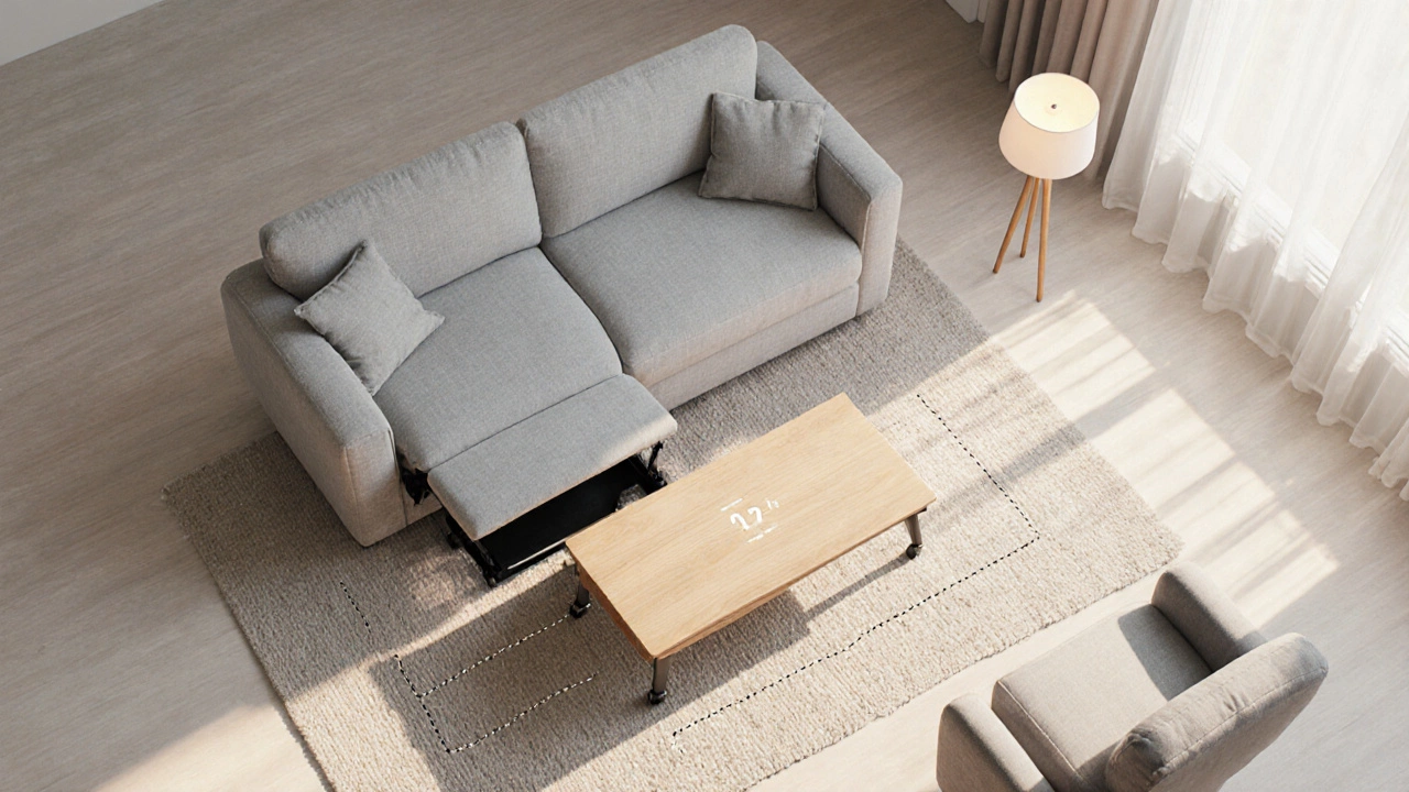 Top‑down view of a sofa and low coffee table showing proper footrest clearance and a lift‑top storage feature.