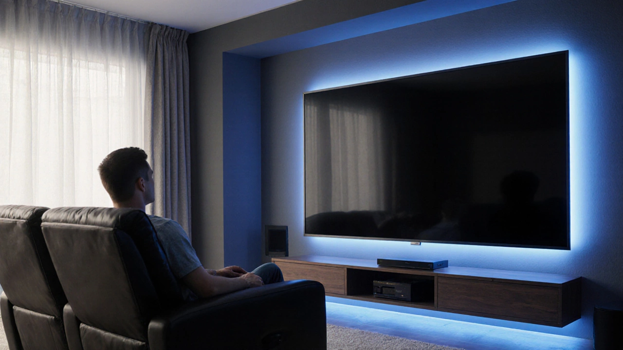 Wall‑mounted 70‑inch TV at eye level, dimly lit room with comfortable recliner.