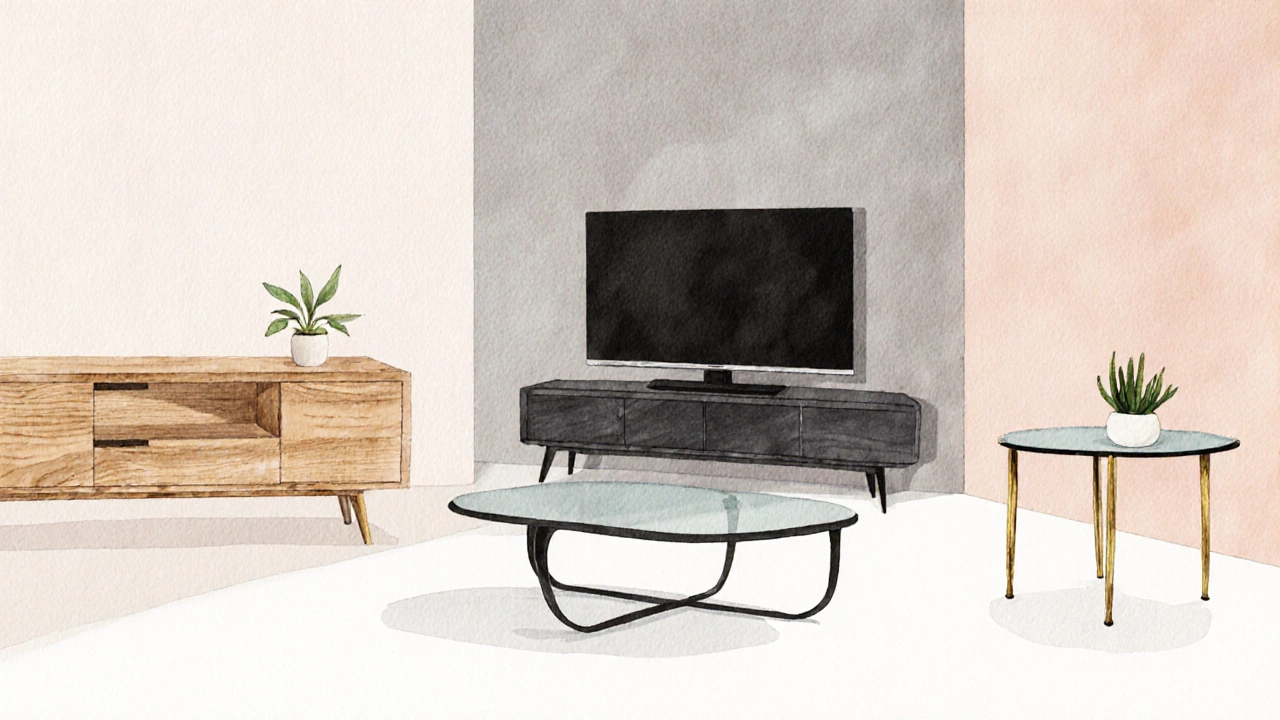 Watercolor collage of three pairings: wood‑on‑wood, black TV stand with gray glass table, and curved brass legs.