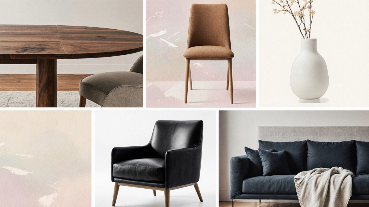 Watercolor collage of wood table, earth‑tone chair, black leather chair, navy sofa and soft lighting.