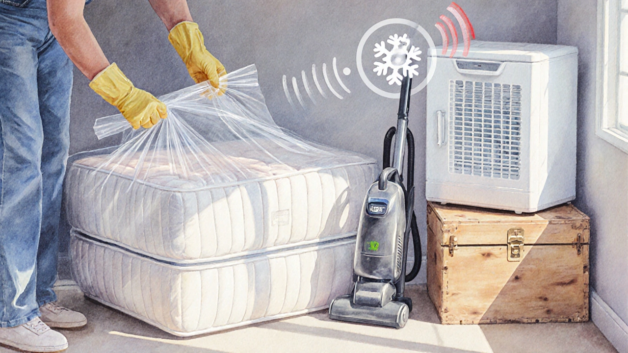 Watercolor scene of a person sealing a mattress and using heat, cold, and vacuum treatments.