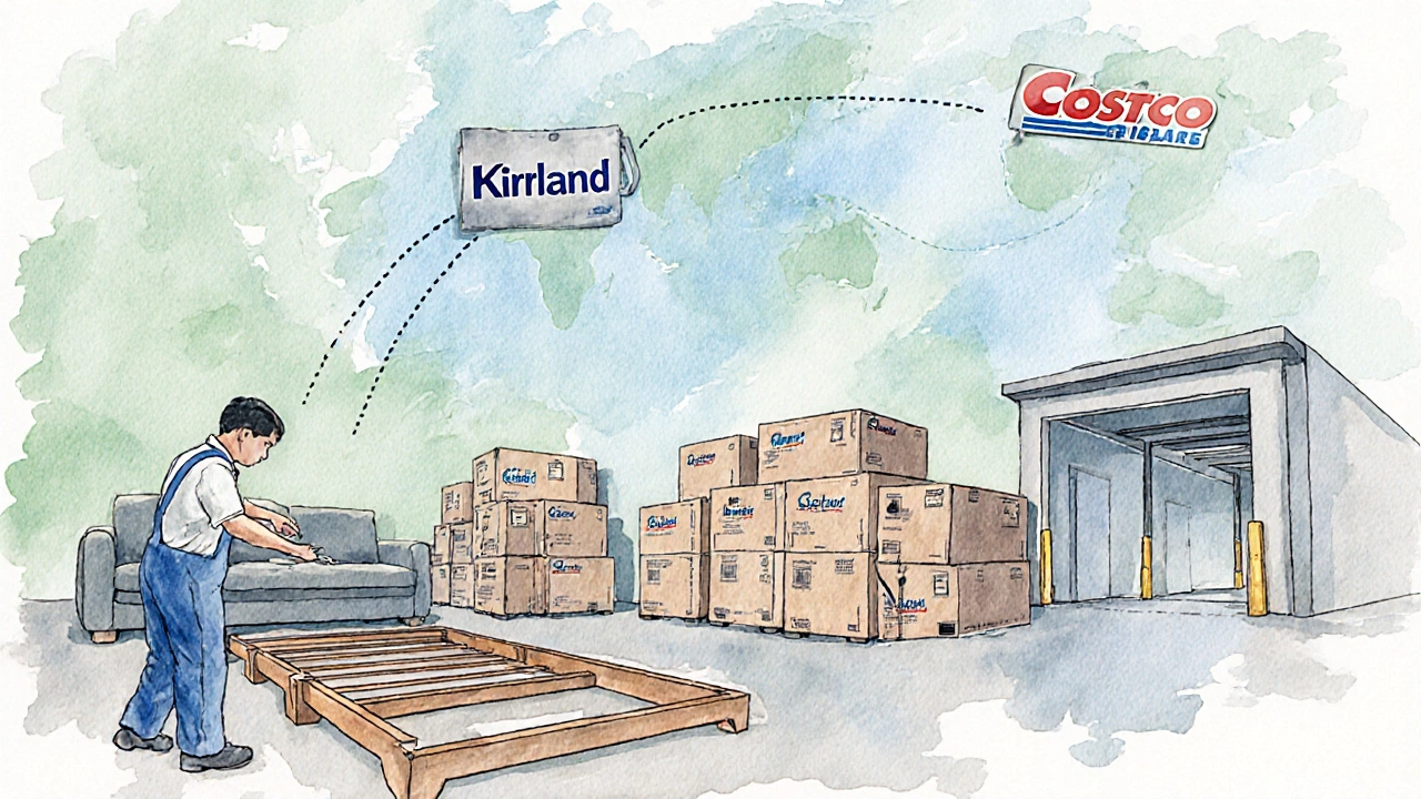 Watercolor view of a Vietnamese factory assembling a sofa, linked to Costco distribution.