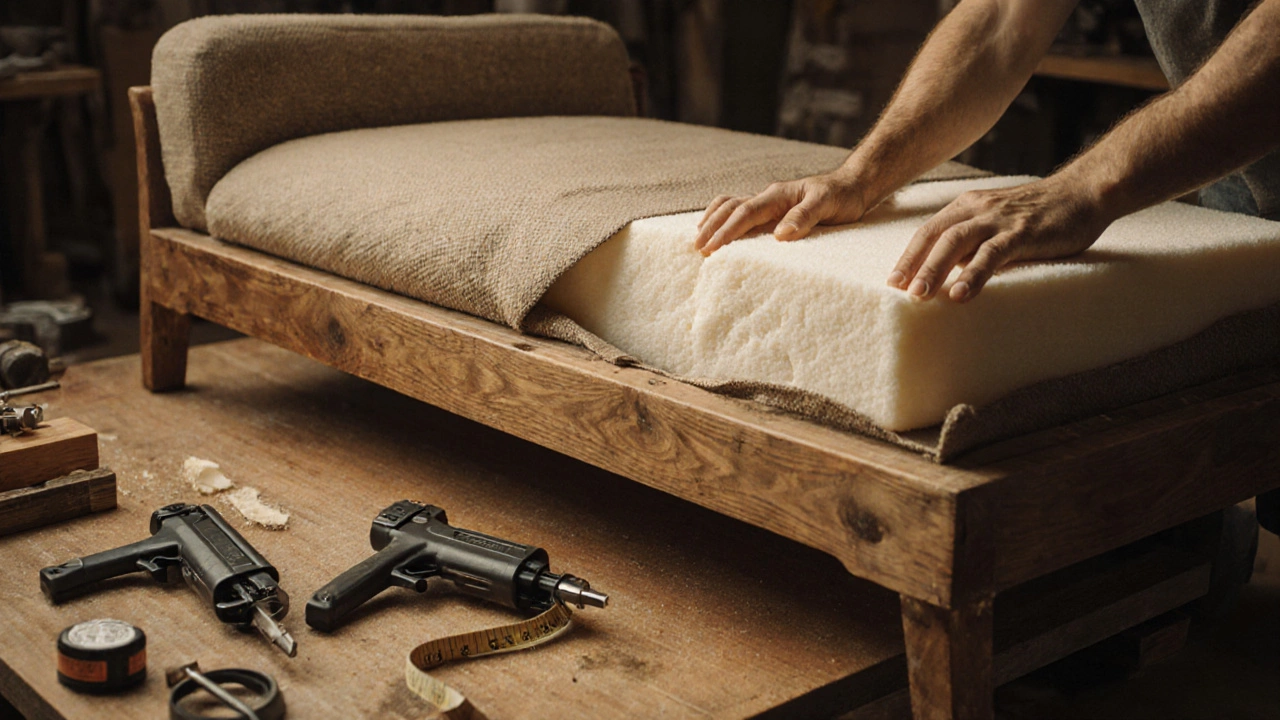 A craftsman repairing a sofa with high-density foam and hardwood frame in a warm woodshop, tools nearby.