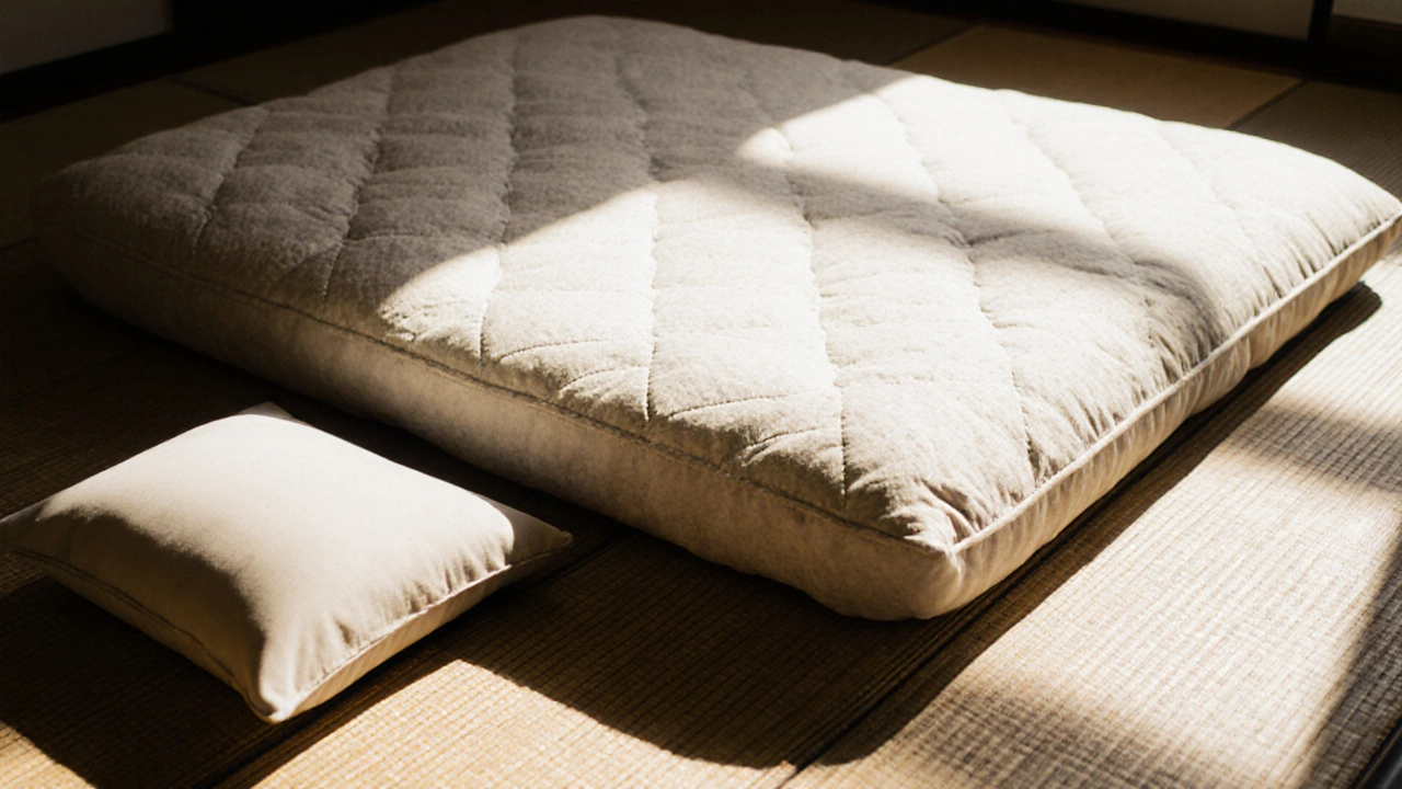 A firm futon on tatami with a low pillow, bathed in morning sunlight.