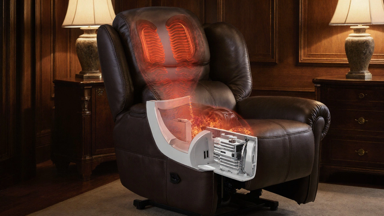 A luxury recliner with visible massage and heat features in a refined study setting.
