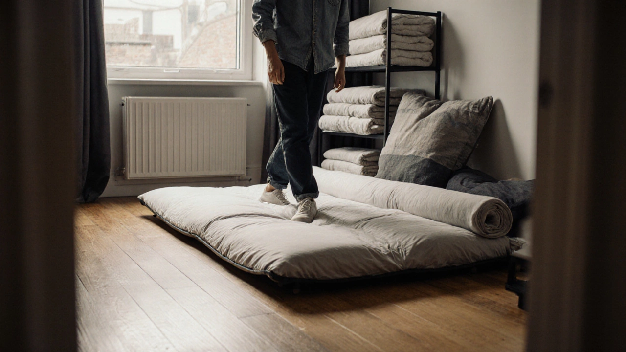 A person rolling up a futon on a hardwood floor in a modern apartment.