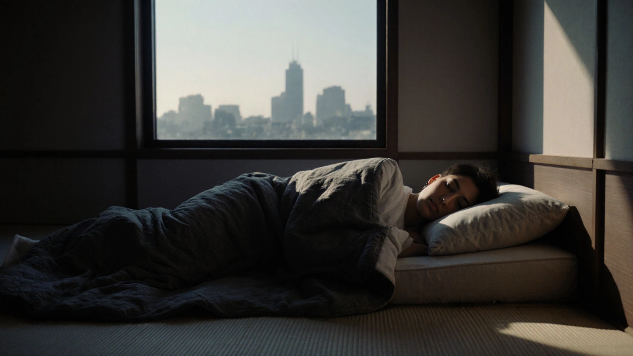 A person sleeping peacefully on a floor mattress with a quilt and buckwheat pillow under soft morning light.