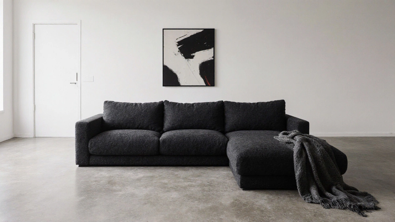 A sleek charcoal armless sofa in a minimalist apartment with concrete floors and natural light.