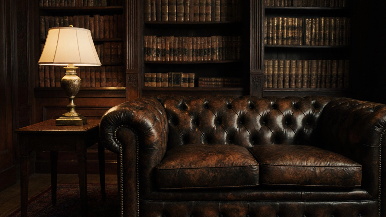 An aged leather Chesterfield sofa in a classic English study with bookshelves and warm lighting.