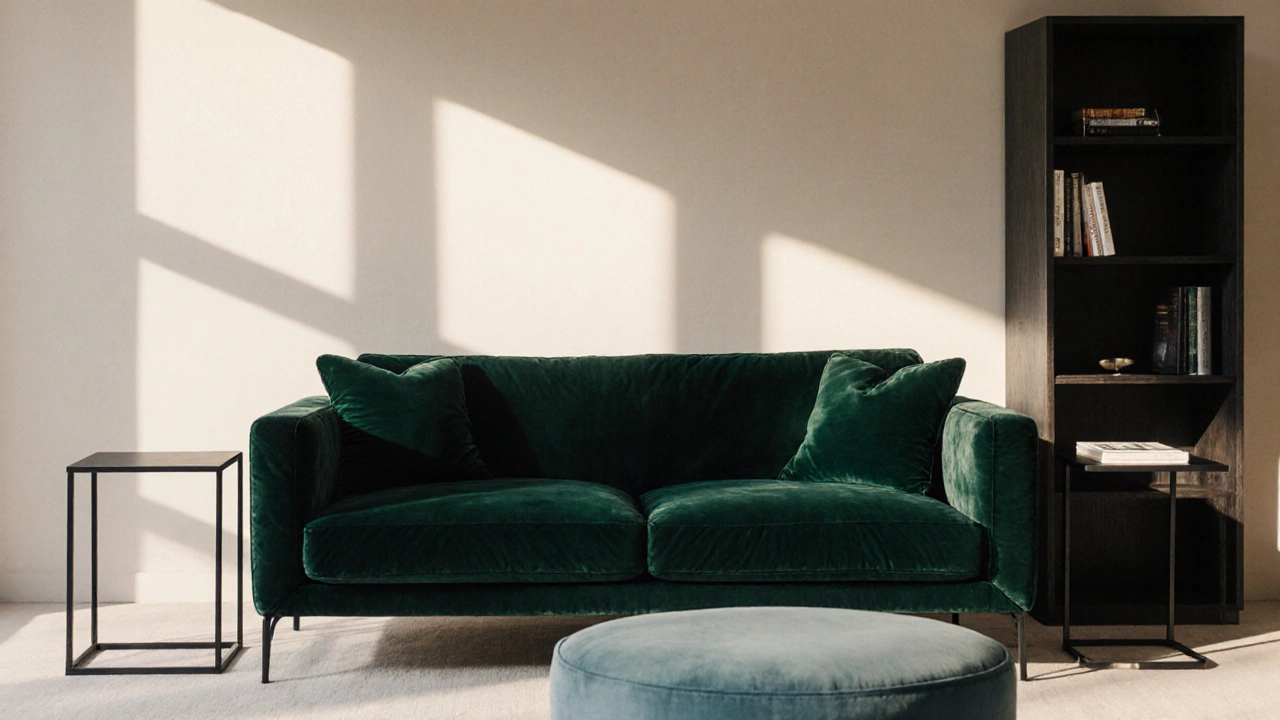 Emerald green velvet sofa with black side tables and smoked oak bookshelf