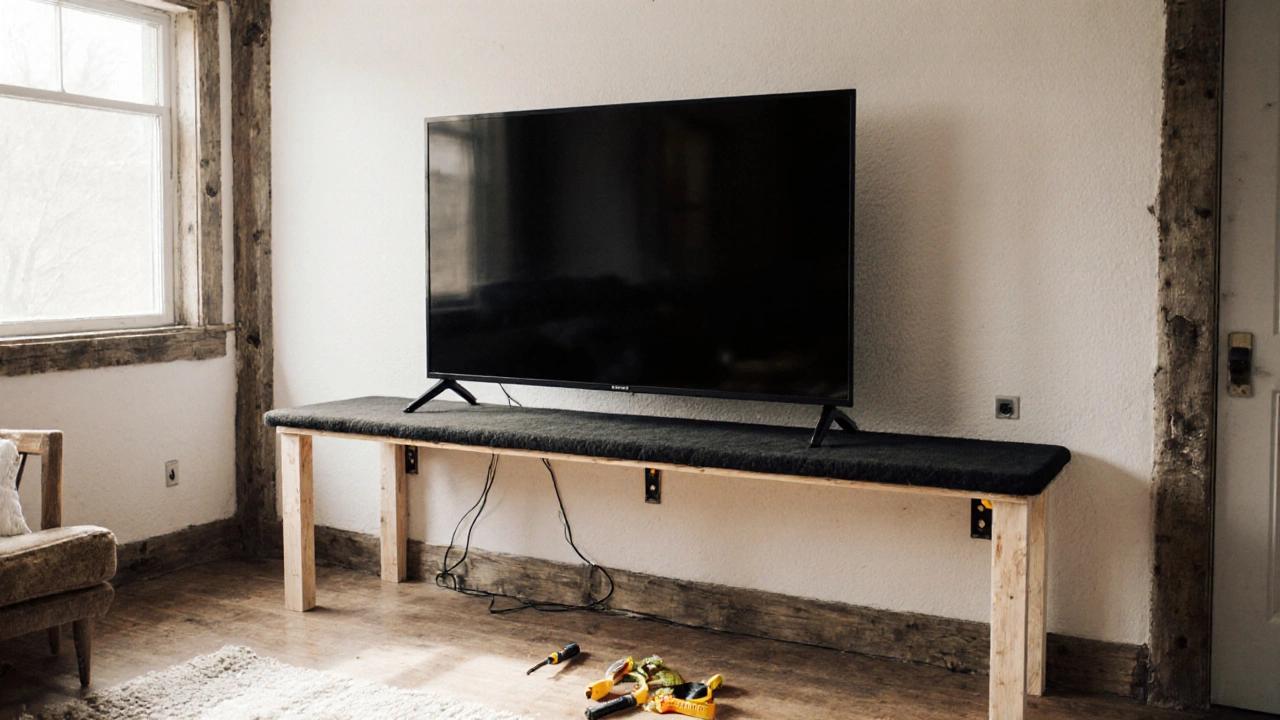 Handmade wooden platform holding TV, secured to wall with brackets.