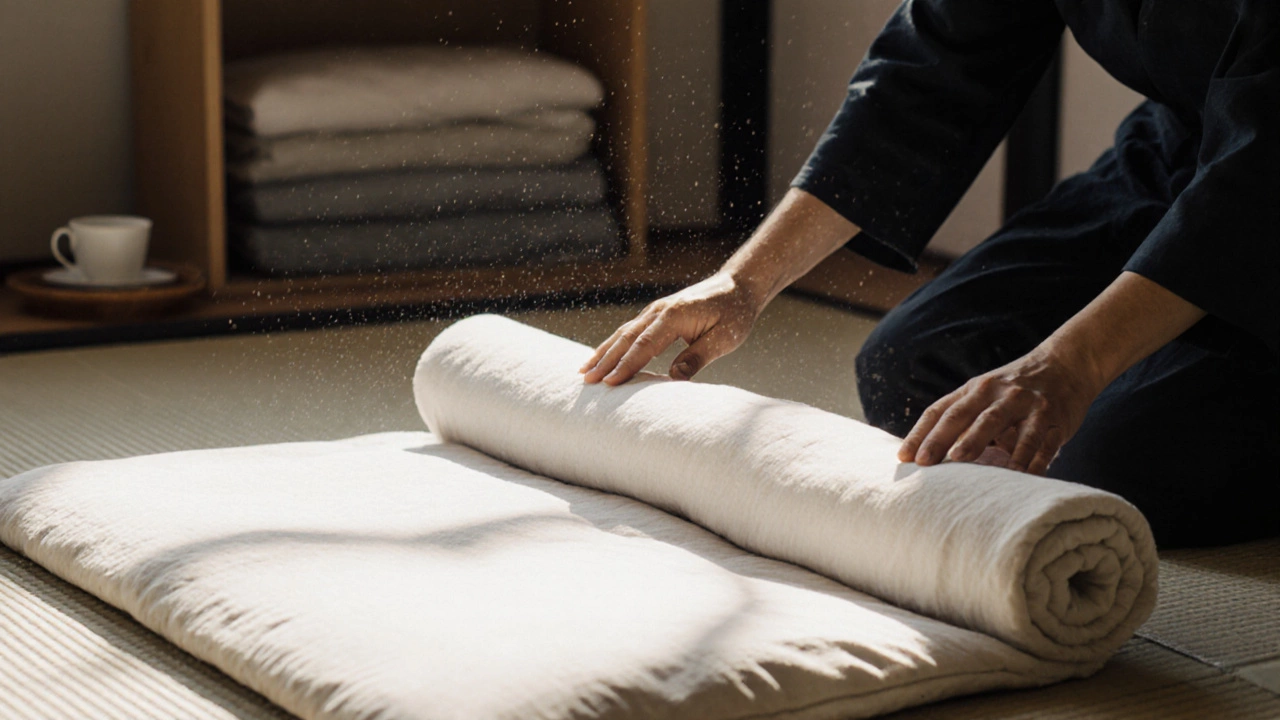 Hands rolling a thin mattress and quilt for daytime storage in a traditional Japanese room.